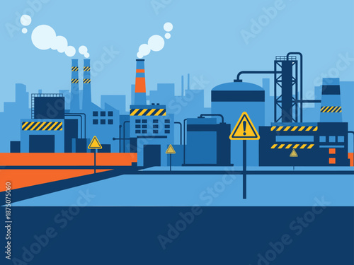 Industrial safety zone scene featuring factory complex with warning signs A clear modern illustration highlights hazard awareness and industrial environments Suitable for business and safety themes