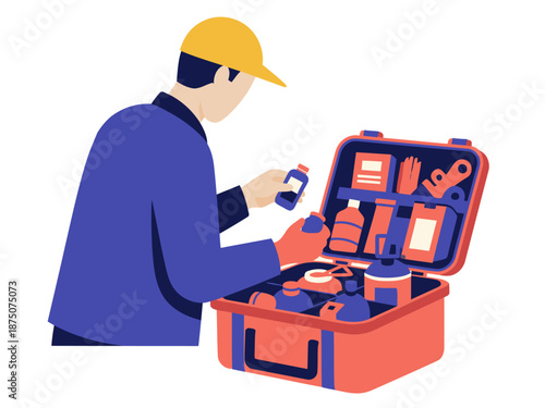 A man prepares a homeowner emergency kit. He?s focused, showcasing preparedness and a practical lifestyle. Clean, bright composition.