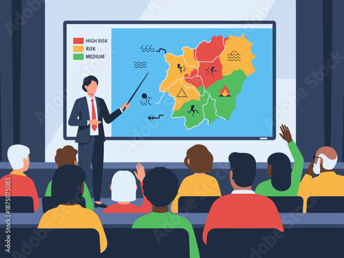 A manager presents a high-risk map to an audience, highlighting regional vulnerabilities. Clear visuals and engaged viewers create a professional presentation scene.