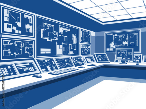 A modern control room displays intricate blueprints on multiple monitors. Focused monitoring and safety operations are highlighted. Clean, professional, and visually engaging.