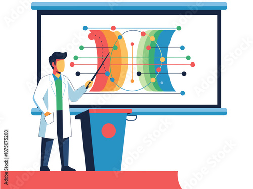 A scientist presents quantum results on a screen, gesturing with a pointer. Modern, colorful, and informative graphic. Professional setting.