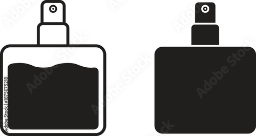 Minimalist vector of two black and white spray bottles. The left bottle shows a wavy liquid level, indicating fluid content, while the right bottle is fully filled in black, suggesting opacity