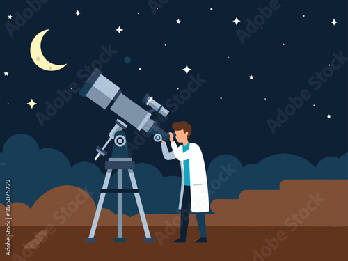 A scientist uses a telescope under a starry night sky. A captivating astronomy activity illustration. Perfect for educational or science-themed visuals.