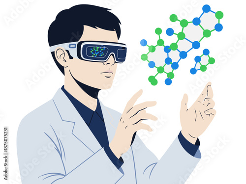 A scientist uses augmented reality glasses to examine a molecular structure. Modern, digital, and scientific. Clean background, professional setting.