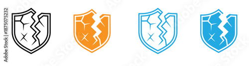 Broken shield icon. Broken shield icon collection in filled and solid vector style. Broken shield vector icon.  Broken security shield glyph icon. Symbol, logo illustration. Vector graphics