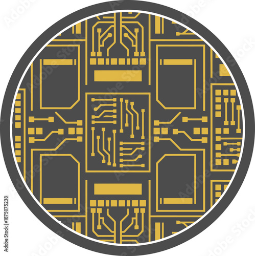 A striking circular graphic featuring a silicon wafer design. Bold lines and a modern aesthetic make this ideal for tech, electronics, and digital themes. Perfect for commercial use.