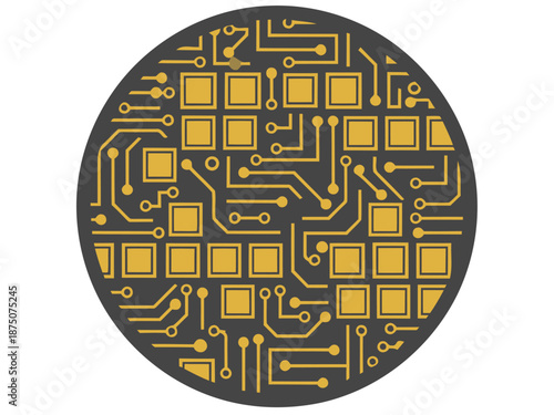 A stylized circuit board wafer graphic showcases semiconductor technology. Modern, geometric design with a dark background and golden circuit details. Ideal for tech, innovation, and digital concepts.
