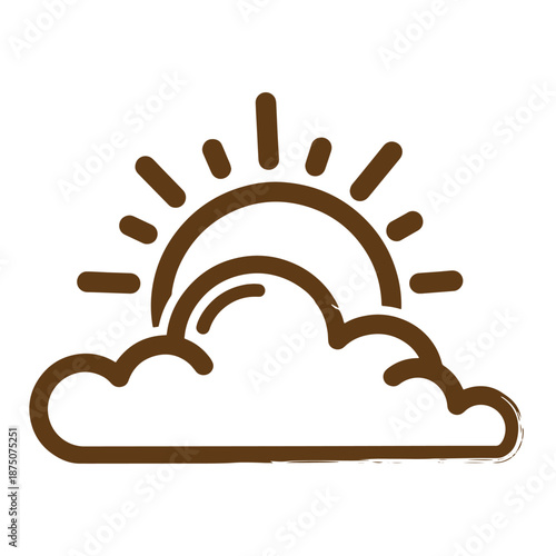 Drawing Vintage Brown line drawing of sun rising behind fluffy white cloud on white background