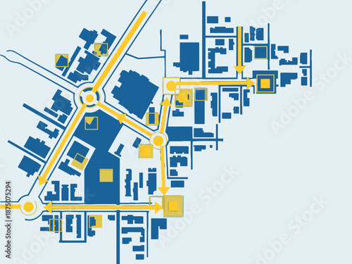 A stylized map illustrates a disaster evacuation route, showing clear pathways and designated zones. Bold lines highlight the emergency plan. Modern, graphic design.