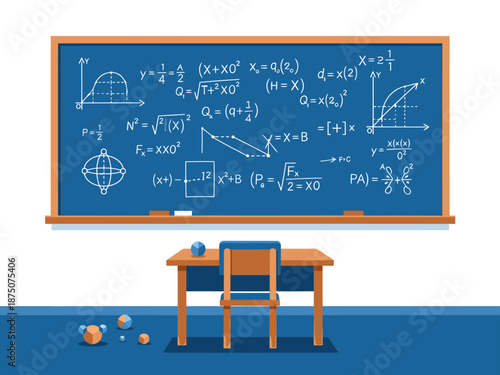 A vibrant chalkboard classroom scene showcases mathematical equations and physics diagrams. A desk and chair complete the educational setting. Perfect for learning, education, or science themes.