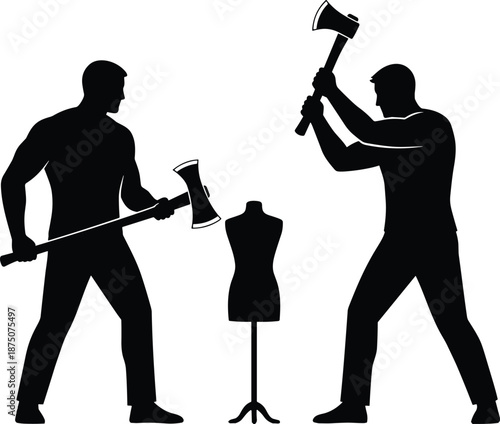 Silhouette of muscular men with axes confronting fashion mannequin symbolizing identity, destruction, strength, and dramatic artistic tension in black vector.