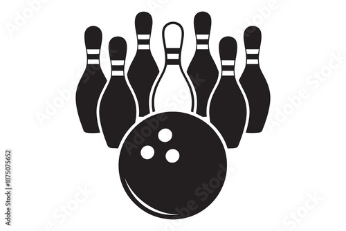 Black bowling ball and pins isolated on white background