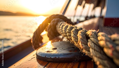 Rope on a boat deck sunset.