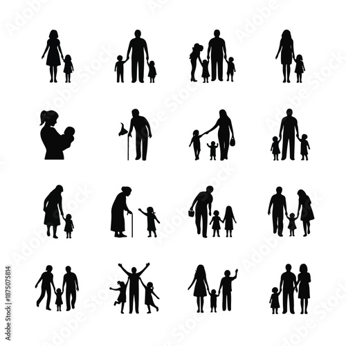 Silhouettes of people and children in various poses and interactions