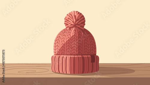 A cozy, textured coral-red knit beanie with a fluffy pom-pom sits centrally on a wooden surface