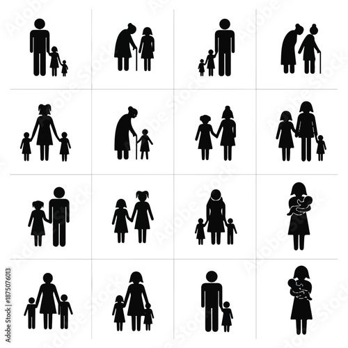 Silhouette images of various family units and relationships in different poses and configurations