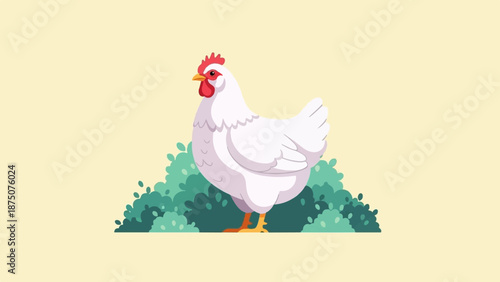 A cute cartoon white hen with a red comb stands among green bushes on a pale yellow background
