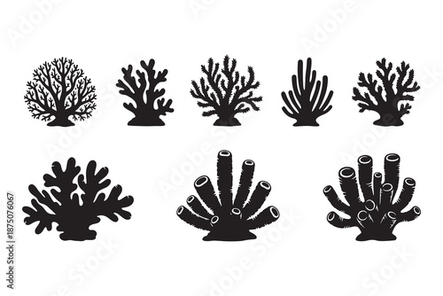 Set of coral reef silhouettes isolated on white background