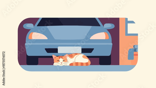 A cute orange and white cat is peacefully sleeping on the ground in front of a blue car