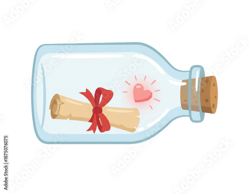 Vector illustration of a love letter inside a glass bottle with red ribbon and floating hearts. Message in a bottle concept.