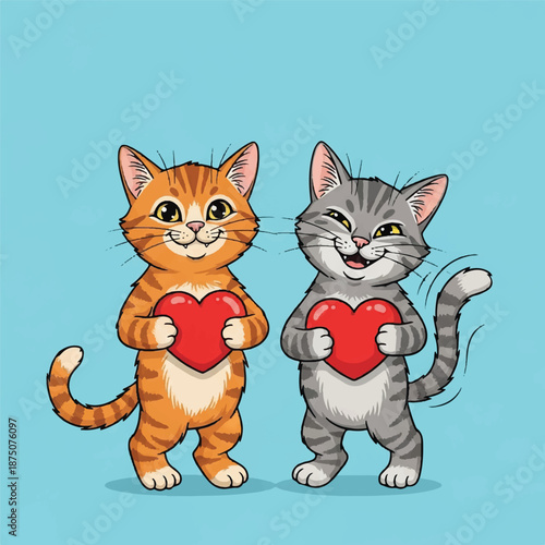 Two cartoon cats holding red hearts together on a blue background