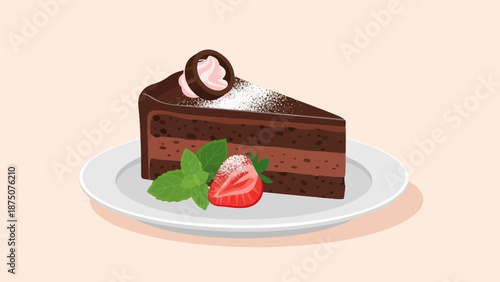 A delicious slice of chocolate cake on a plate, garnished with strawberry, mint, powdered sugar, and a chocolate curl