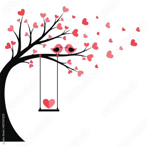 Couple on a swing under a heart-filled tree on valentine's day