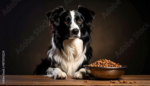A black and white dog sits beside a bowl of brown kibble on a wooden table against a dark background