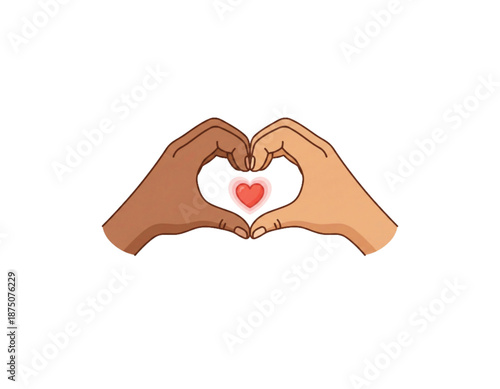 Vector illustration of two hands with different skin tones forming a heart shape gesture with a glowing red heart symbol. Concept of love, diversity, and unity.