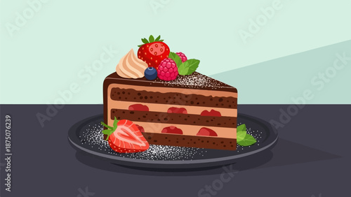 A delicious slice of chocolate cake topped with strawberries, raspberries, and whipped cream on a dark plate