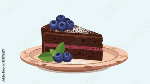 A delicious slice of chocolate cake with blueberry and mint garnish, dusted with powdered sugar
