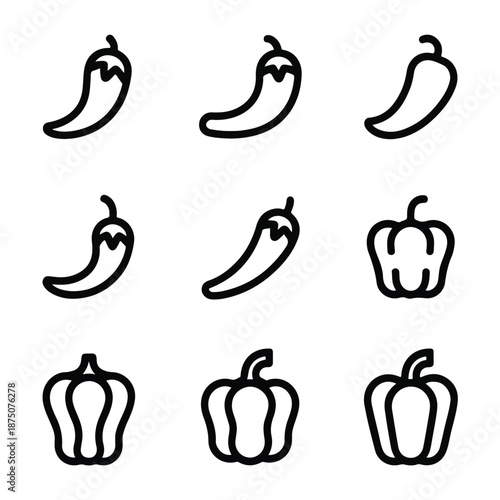 Chili & Bell Pepper Icon Set – Minimal Vegetable Outline Vector