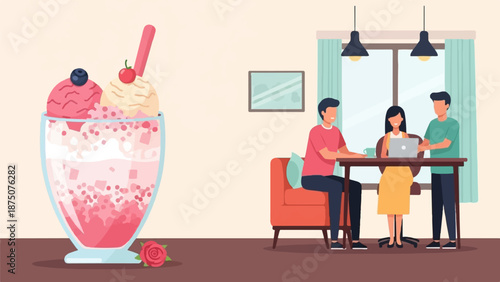 A delightful, colorful ice cream parfait next to three colleagues collaborating on a laptop at a table