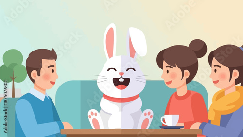 A diverse group of friends, including a cheerful cartoon rabbit, happily gathered at a table