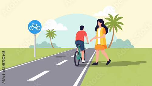 A person cycles on a bike path next to a walking woman under a clear sky with palm trees and clouds