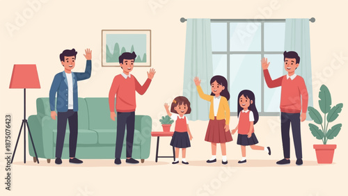 A diverse group of happy family members and friends waving in a cozy, bright living room setting