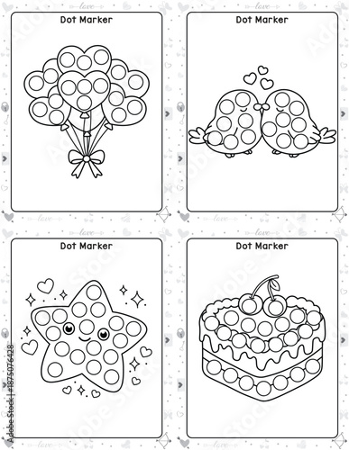 Cute Valentine themed dot marker coloring pages with hearts, love birds, star character and cherry cake, black and white line art activity sheets designed for toddlers, preschool kids