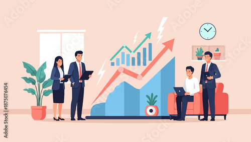 A diverse team of professionals analyzes business growth charts in a modern, plant-filled office setting