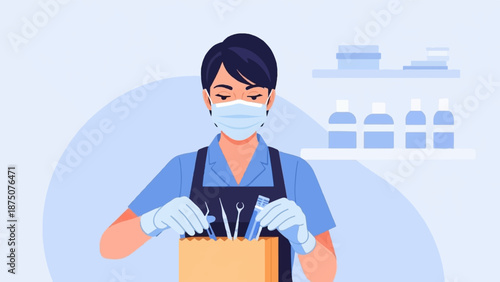 A person in a mask and gloves holds a box with medical or dental tools, in a professional setting