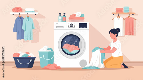A person is sorting laundry in a room with a washing machine and clothes on shelves