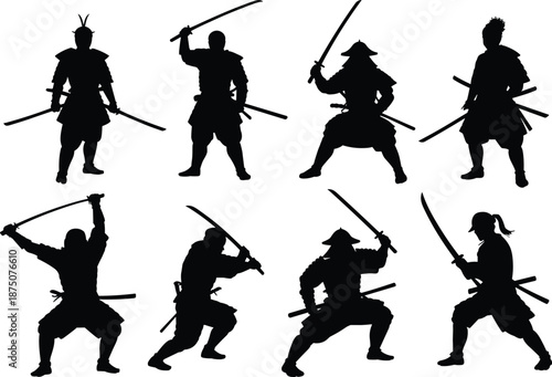 Samurai sword fighter silhouettes set, Japanese warriors practicing katana combat stances, traditional martial arts action poses, black vector illustration