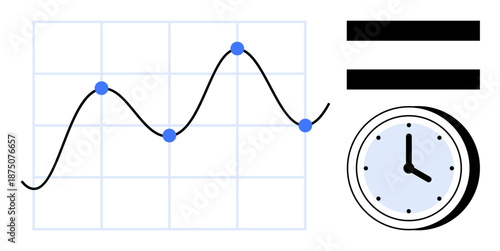Line chart with data points on a grid, analog clock representing time, and equal sign for balance. Ideal for analytics, performance, tracking, schedules, research, decisions simple flat metaphor
