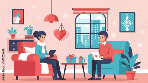 A flat illustration of a couple exchanging gifts in a festive living room decorated with snowflakes