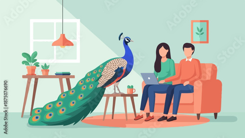 A flat illustration of a couple sitting on a sofa with a laptop, observed by a large, colorful peacock