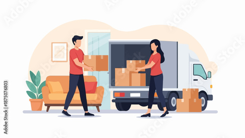 An illustration of a man and a woman moving boxes from their home to a white delivery truck