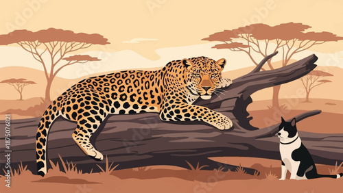 An illustration of a leopard resting on a log with a small dog nearby in an African savanna landscape