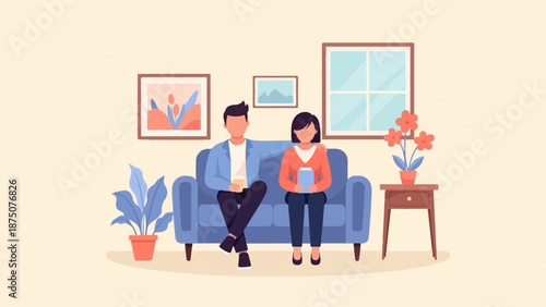 An illustration of a man and woman sitting on a blue sofa in a cozy living room with plants and art