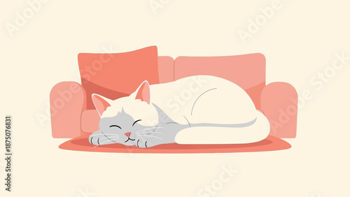 An illustration of a light-colored cat peacefully sleeping on a pink sofa with a cushion