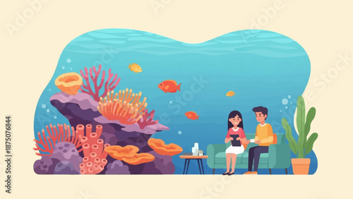 An illustration of a man and woman sitting on a couch, observing a colorful underwater coral reef