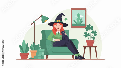 A friendly witch with a black cat sits in a cozy armchair amidst houseplants and a lamp